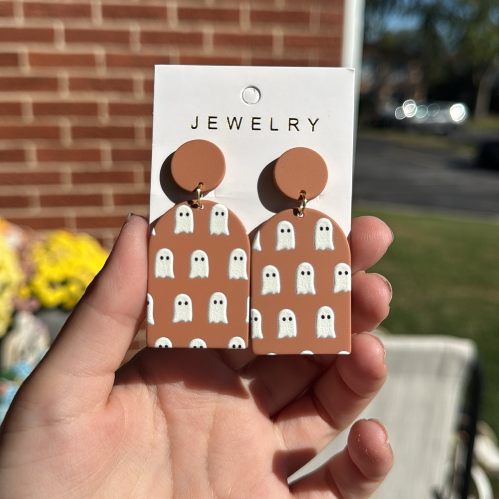 Geometric Shape Halloween Ghost Pattern Dangle Earrings Bohemian Style NWT